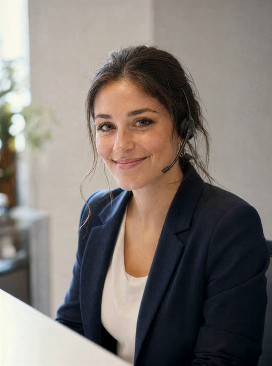 Jessie, the AI receptionist, wearing a phone headset at a reception desk